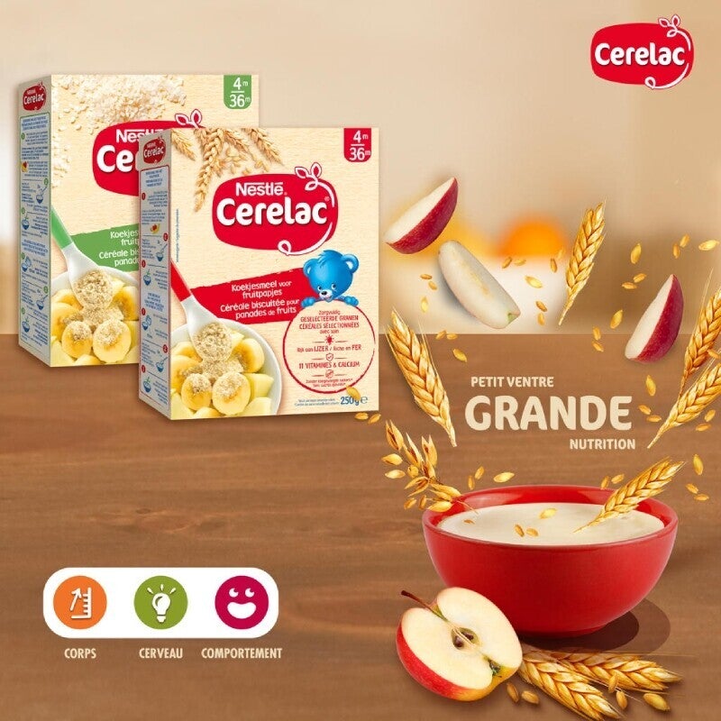 Photo du produit : deux boîtes de céréales Cerelac, un bol rouge avec une cuillère, une tranche de pomme et du blé.