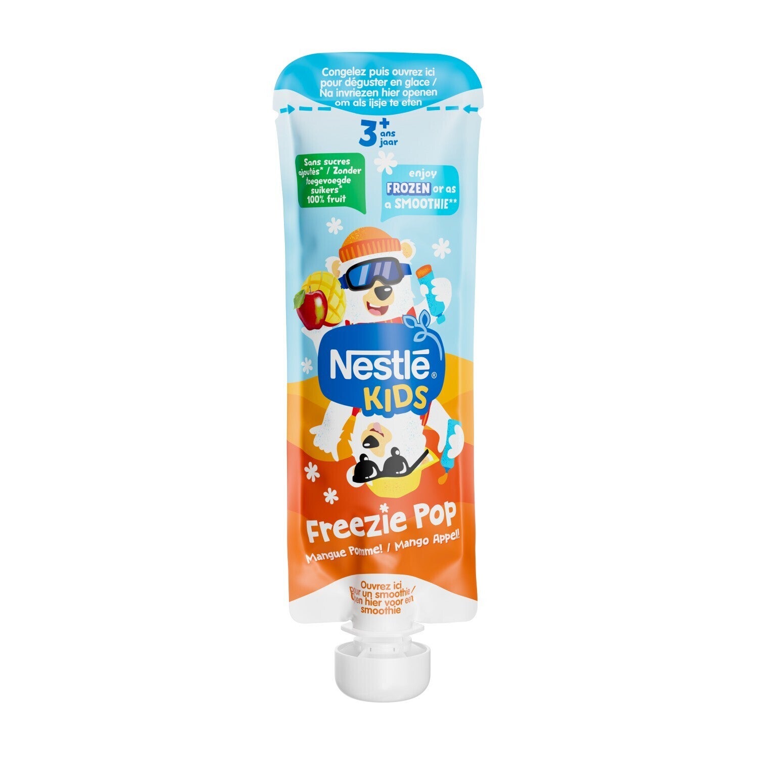 Tube de glaces Nestlé Kids Freezie Pop avec un ours mascotte portant des lunettes de soleil.
