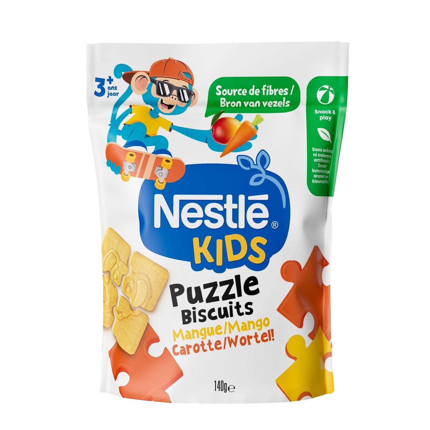 Nestlé Kids puzzelkoekjes verpakt, kleurrijke stukken en kindertekening.