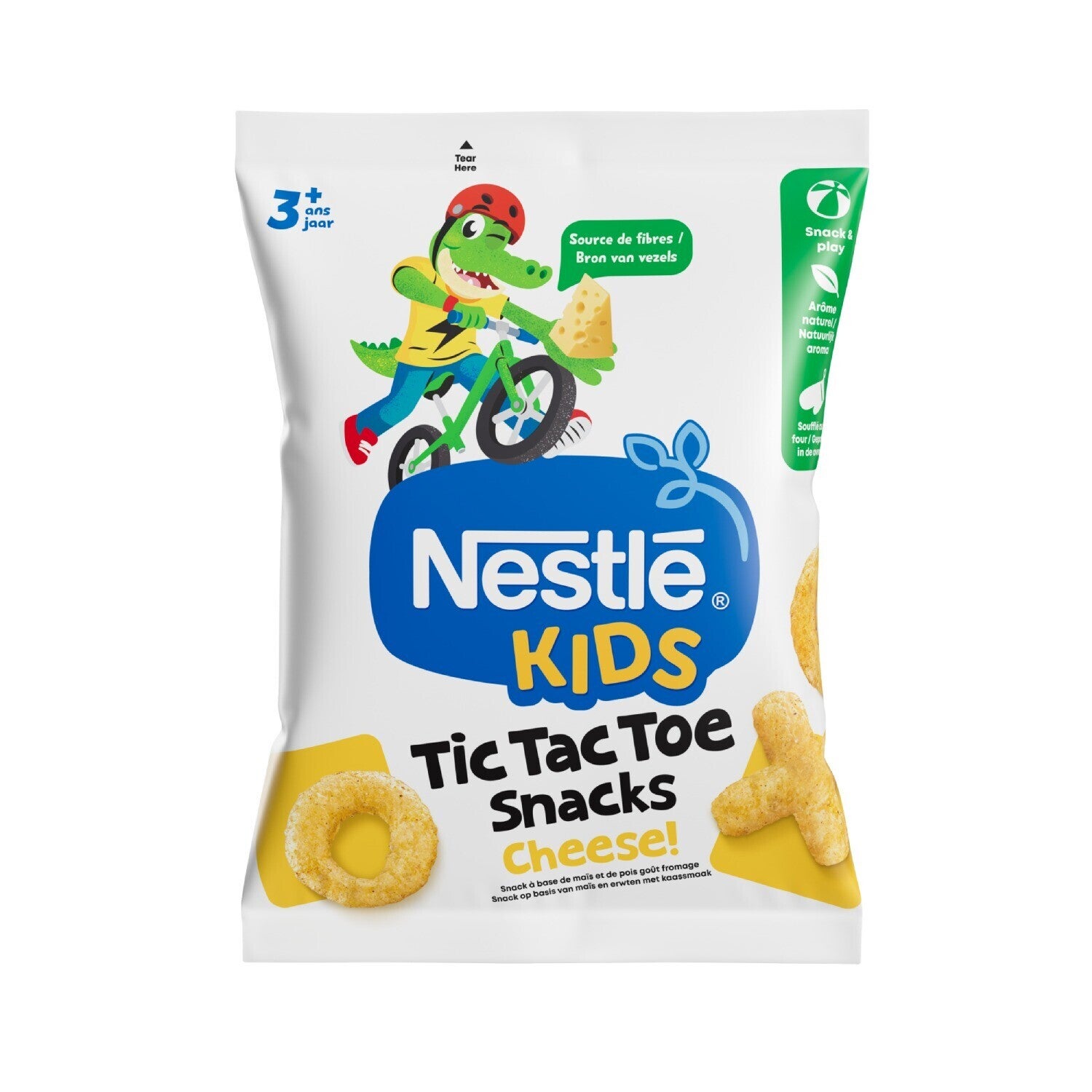 Nestlé Kids Tic Tac Toe Snacks verpakkingsontwerp met dinosaurus op fiets.