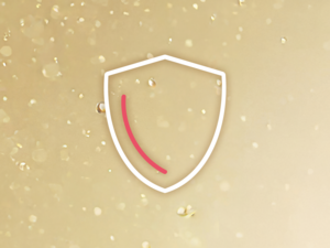 Shield icon graphic with white outline and red inner curve on gold glitter background