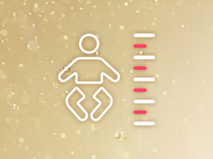 Graphic baby outline with pink measurement bars on gold glitter background