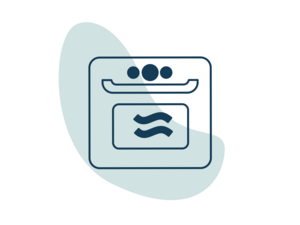 Graphic: simple oven icon with wavy heat lines over pale teal abstract background.