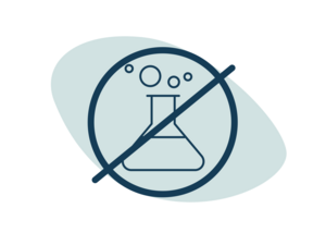Graphic of laboratory flask with bubbles crossed out on teal abstract background