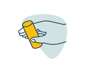 Illustration of a hand holding a yellow cylindrical container over pale teal blob