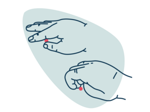 Illustration of two hands pinching a small red bead on pale teal background