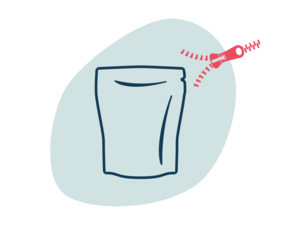 Illustration of a resealable plastic bag with pink zipper slider on pale blue shape