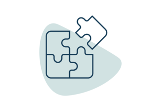 Line-art puzzle graphic: three connected pieces and one piece lifted over teal shape