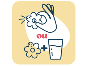 Cartoon flowers and a glass of milk on a pale yellow background