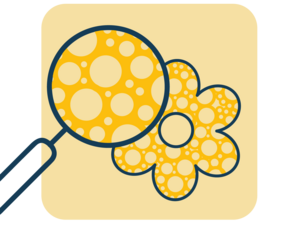 Graphic showing magnifying glass enlarging yellow polka-dot flower on beige rounded square