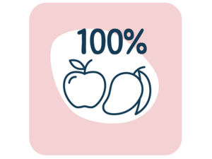 Graphic logo: 100% over line-drawn apple and banana on pink rounded square
