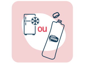 Graphic showing fridge icon and water bottle separated by ou on pink background