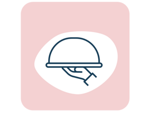 Icon of hand presenting a covered serving platter on pink rounded square