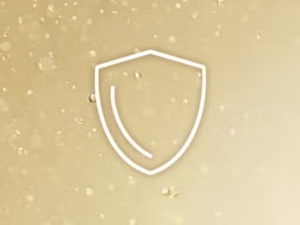 Outlined white shield graphic on speckled golden‑beige background