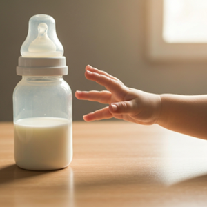 A baby's hand reaching out to a bottle of milk A baby's hand reaching out to a bottle of milk