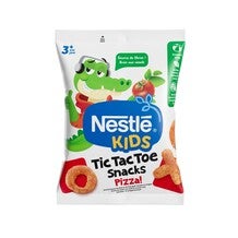 Zak Nestlé Kids Tic Tac Toe Snacks, krokodil en tomaat afgebeeld.