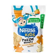 Nestlé Kids puzzelkoekjesverpakking met perzik- en vanillesmaak.
