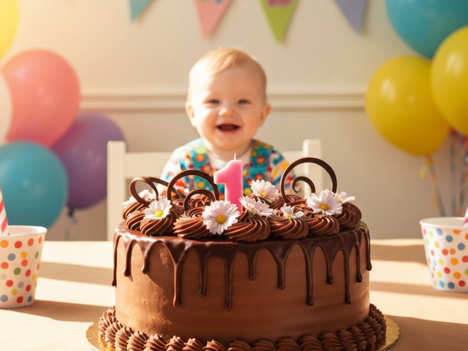 Baby bij chocolade verjaardagstaart voor eerste verjaardag