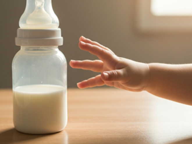 A baby's hand reaching out to a bottle of milk A baby's hand reaching out to a bottle of milk