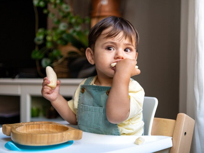 Bébé mange des morceaux de fruit tout seul dans une chaise haute