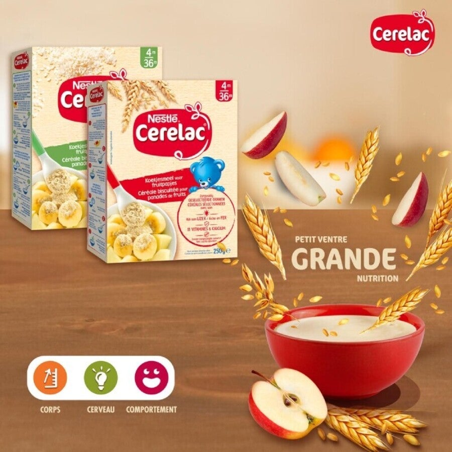 Photo du produit : deux boîtes de céréales Cerelac, un bol rouge avec une cuillère, une tranche de pomme et du blé.