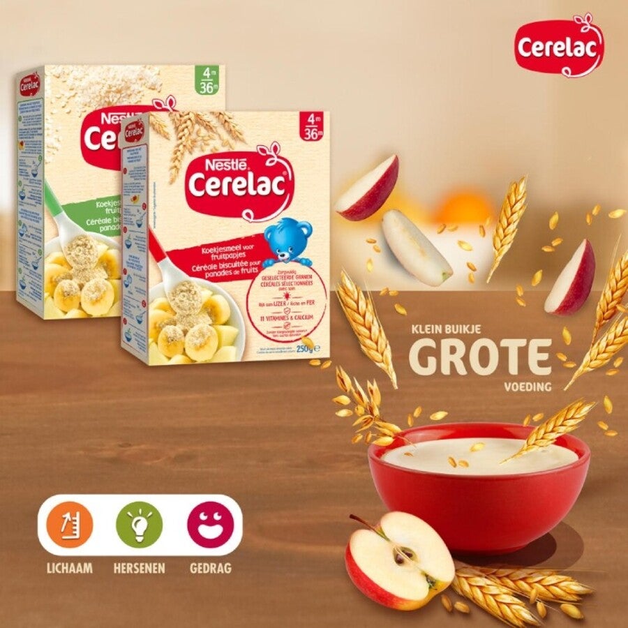 Productfoto – twee dozen Cerelac-ontbijtgranen, een rode kom met lepel, een schijfje appel en tarwe.