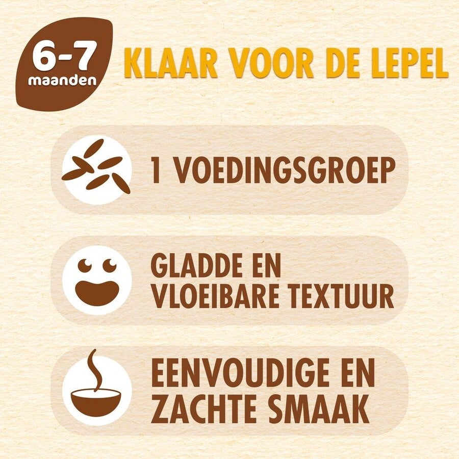 Grafisch ontwerp met tekst over voeding voor 6-7 maanden, in bruine tinten.