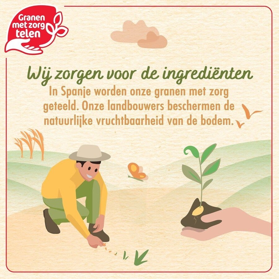 Landbouwer plant zaden op een veld onder een zonnige hemel. Logo linkerbovenhoek.