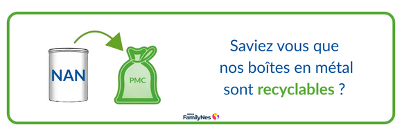 Boîte métallique et sac PMC avec symbole recyclage, texte : nos boîtes sont 100 % recyclables, globe terrestre.