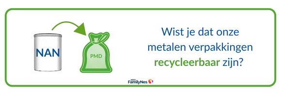 Metalen blik en PMC-zak met recyclagesymbool, tekst: onze blikken zijn 100% recycleerbaar, wereldbol.