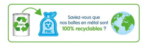 Boîte métallique et sac PMC avec symbole recyclage, texte : nos boîtes sont 100 % recyclables, globe terrestre.