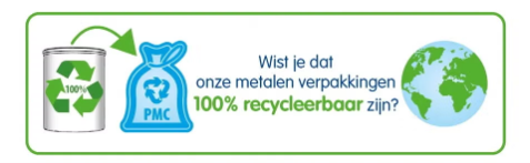 Metalen blik en PMC-zak met recyclagesymbool, tekst: onze blikken zijn 100% recycleerbaar, wereldbol.