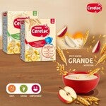 Photo du produit : deux boîtes de céréales Cerelac, un bol rouge avec une cuillère, une tranche de pomme et du blé.