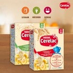 Twee gefotografeerde dozen Nestlé Cerelac babygraanpap op een houten tafel, bananensmaak