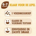 Grafisch ontwerp met tekst over voeding voor 6-7 maanden, in bruine tinten.