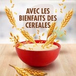 Bol rouge avec céréales flottantes en arrière-plan flou.