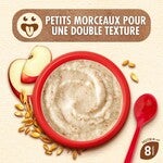Bol de porridge aux morceaux de pomme, cuillère rouge et grains d'avoine.