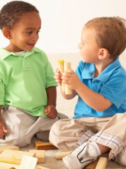 Baby boys playing with wooden toys